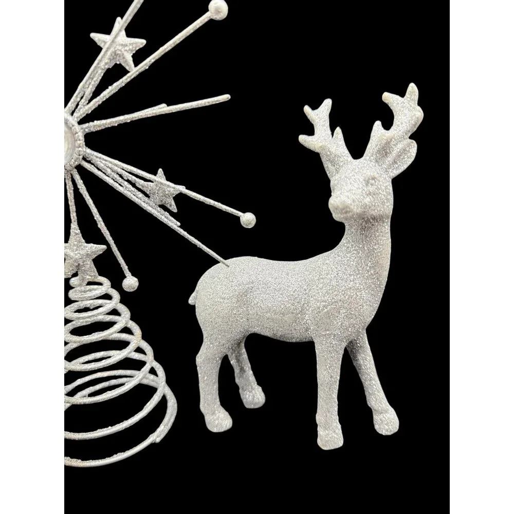 Vintage Glitter Silver Christmas Figurines Set w/ Santa, Reindeer, & Tree Topper - Picture 5 of 6
